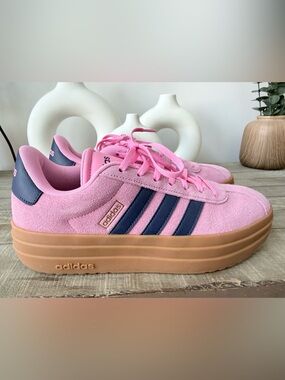 adidas VL Court Bold Pink Suede Platform Sneakers with Navy Stripes